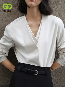 GOPLUS Bela Vrh Ženske Ponaredek Dveh Kosov Majica Elegantno Bluzo Dame Dolge Rokave Bluze Chemisier Femme Blusas Blancas Ropa Dama