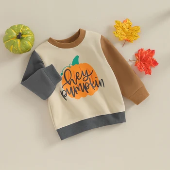 Malčka Fant Dekle Halloween Majica Dolg Rokav Krog Vratu Bučna Pismo Tiskanja Puloverju Kontrast Barve Svoboden Vrhovi