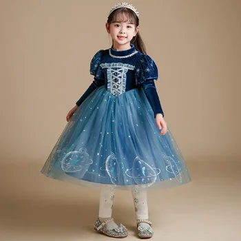 Zimske Obleke Deklica Modri Žamet Otrok Obleko Banket Sequins Halloween Kostumi za Otroke Žogo Obleke Večerne 3 do 10 Let