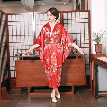 Ženski Cvet Tiskanja Yukata Z Obi Cosplay Kostum Dolgo Saten Stopnji Uspešnosti Oblačila Japonski Kimono Style Obleke Kopalni Plašč