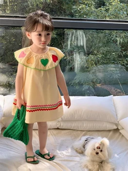 2023 Poletje Korejskem Slogu Otroci Obleko Sladko Rumena Srčkan Moda Nov Design Bombaž Mehko Precej Priložnostne Preprost Princesa Obleko