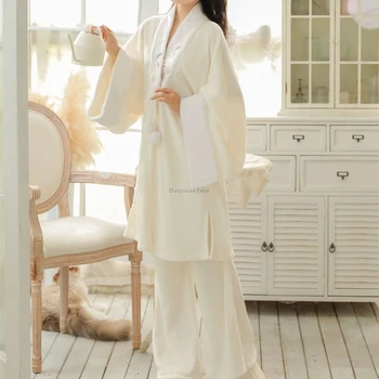 2024 kitajski slog žamet spremenjen hanfu pižamo haljo nastavite jesen in zimo, stari slog toplega doma obleko kopalni plašč plašč w119