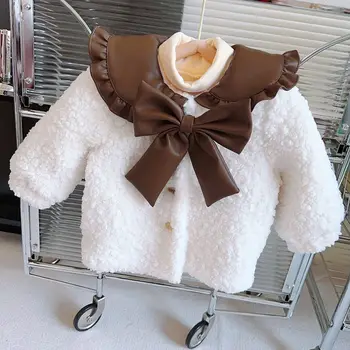 2034 nove Zimske Baby Dekleta Elegantno Oblazinjeni Toplo Ponaredek PU Ovratnik Srčkan Lok Moda Plašč Suknjič Otroci Oblačila Otrok Površniki