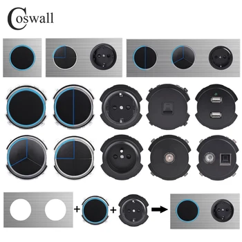 COSWALL LB Serije Silver Brušenega Aluminija Plošče Black On / Off Steno Stikala za Luč Z Modrim Velike Zaslonke Ozadja DIY Modul