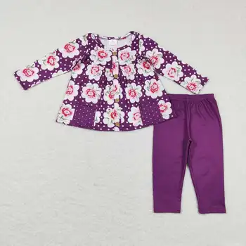 debelo vroče prodaje otrok, otroške dekleta oblačil, butik, obleko Cvetlični polka dot gumb žep vijolično dolg rokav pantsuit