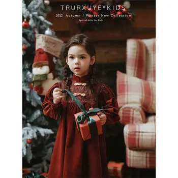 Dekleta Princesa A-Line Rdeče Obleke Obleke Pozimi Debel Otrok Kitajski cheongsam Otroci Stranka Vezenje Elegantno Velvet Krilo