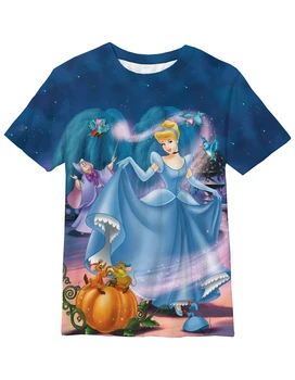 Disney Nova Dekleta T-shirt Tiskanje Peščena Princesa Pepelka Priložnostne Srčkan Krog Vratu T-shirt Dekleta Rojstni dan Otroci Vrhovi
