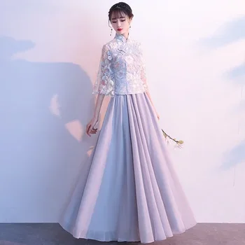 Družico obleko Ženski Novo poletje sredi dolge sive Retro pravljice temperament Kitajski slog Cheongsams večer oblačenja Noša