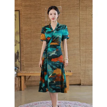 Izboljšanje Tradicionalnih Proti-Vrat Kratek Rokav Natisnjeni Saten Kolena-Dolžina A-Line Cheongsam Ženske Kitajski Stil Poroka Qipao Obleko