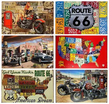 Nas Zemljevid Poti 66 Retro Motocikla, Bencinska Klasične Ameriške Pokrajine, Letnik Design Metal Wall Art Znaki