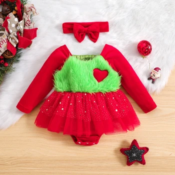 Nov Baby Dekleta 2Pcs Božič Obleke z Dolgimi Rokavi Romper Til Obleko Z Glavo Nastavite Novorojenčka Oblačila 3-24 Mesecev