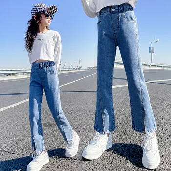 Novo Pomlad Jesen Otroci Jeans Girls Moda Režejo Sežgati Hlače Priložnostne Otroci Traper Hlače Teen Girl Elastični Pas, Dolge Jeans