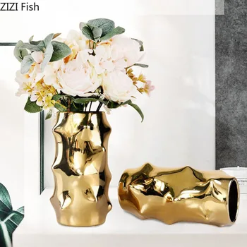 Ustvarjalnost Plating-zlata Vaza Keramični Posajenih Rastlin Cvetlični Lončki Okrasni Namizno Dekoracijo Gilded Porcelanaste Vaze Doma Dekor