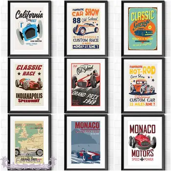 Vintage Classic Avto Dirke Platno Slikarstvo Retro Monako Motorji Plakati in Tiskanje Človek Darila Wall Art Slike za dnevno Sobo