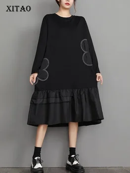 XITAO Black Priložnostne Ruffles Obleka Ohlapno Moda Kontrast Barve Mozaik Ženske Dolg Rokav Jeseni Nova Preprostost Obleko DMJ3011