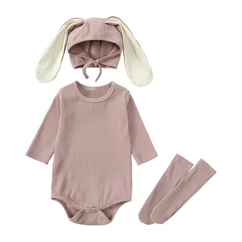 Zajček Baby Romper Oblačila Klobuk Nogavice 3 Kosov Kompleti Za Novorojenčka Zajec Ušesa Bombaž Barva Belušno Dojenčka Obleka, Kostumi